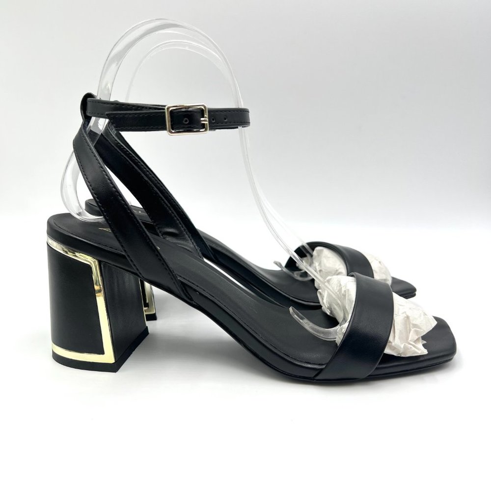 Aldo Womens Size 8.5 Black Faux Vegan Leather Metallic Block Heel‎ Sandals Shoes